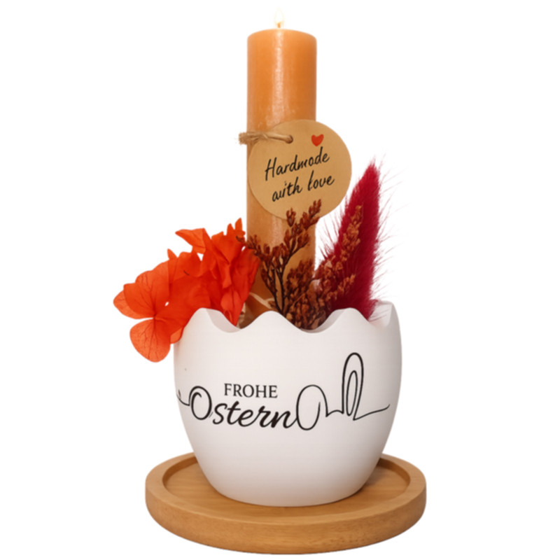 Osternest Rot mit Kerze und Bambusteller kaufen Osterdeko mit Trockenblumen